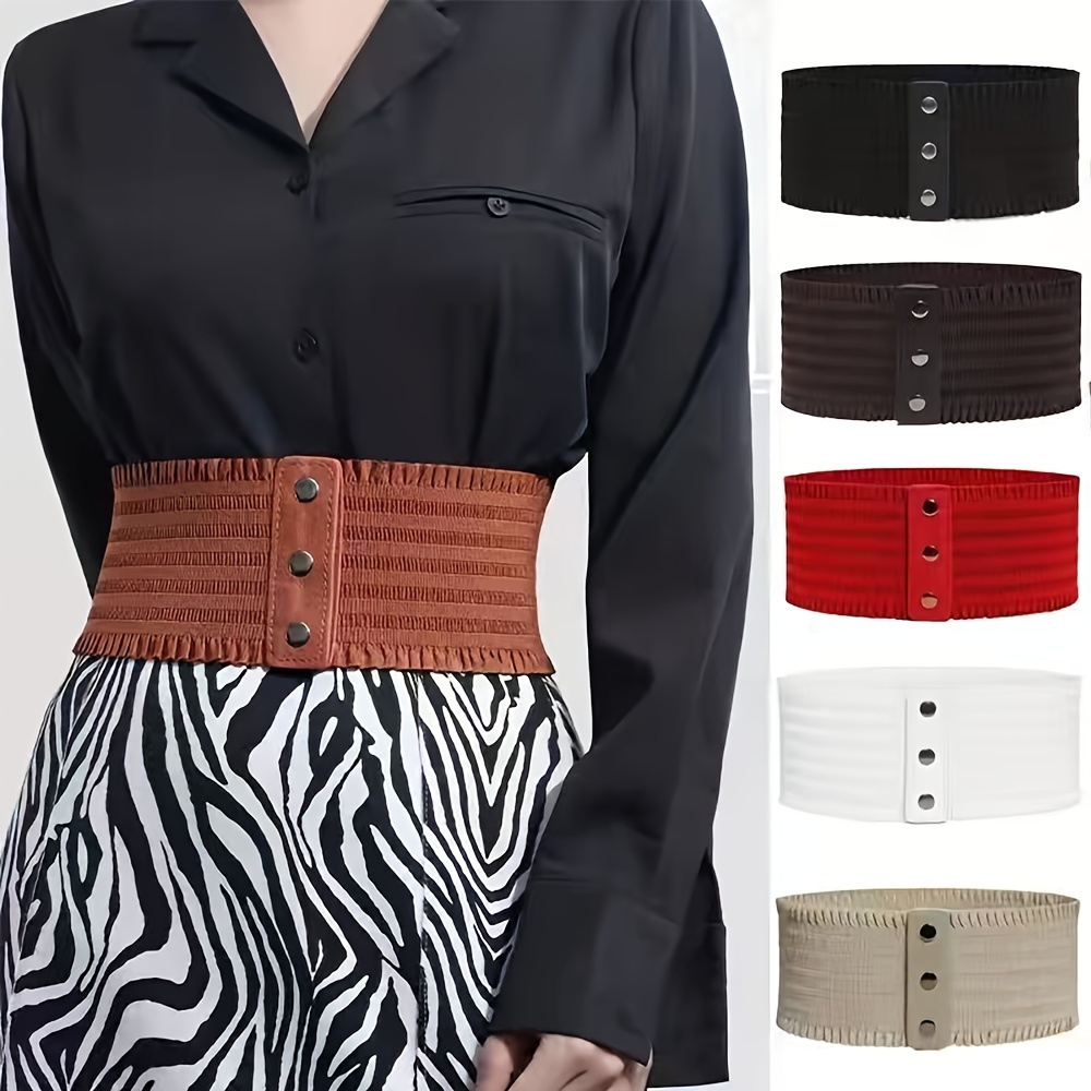 Women's Wide Lace Waist Belt with Decorative Buttons in Brown Red Beige